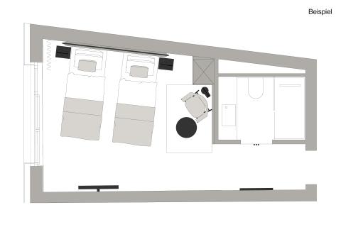 Floor plan drawing of a hotel room in Hotello