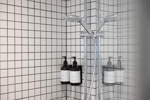 Duschkabine mit quadratischen Fließen und verschiedenen Waschlotionen
